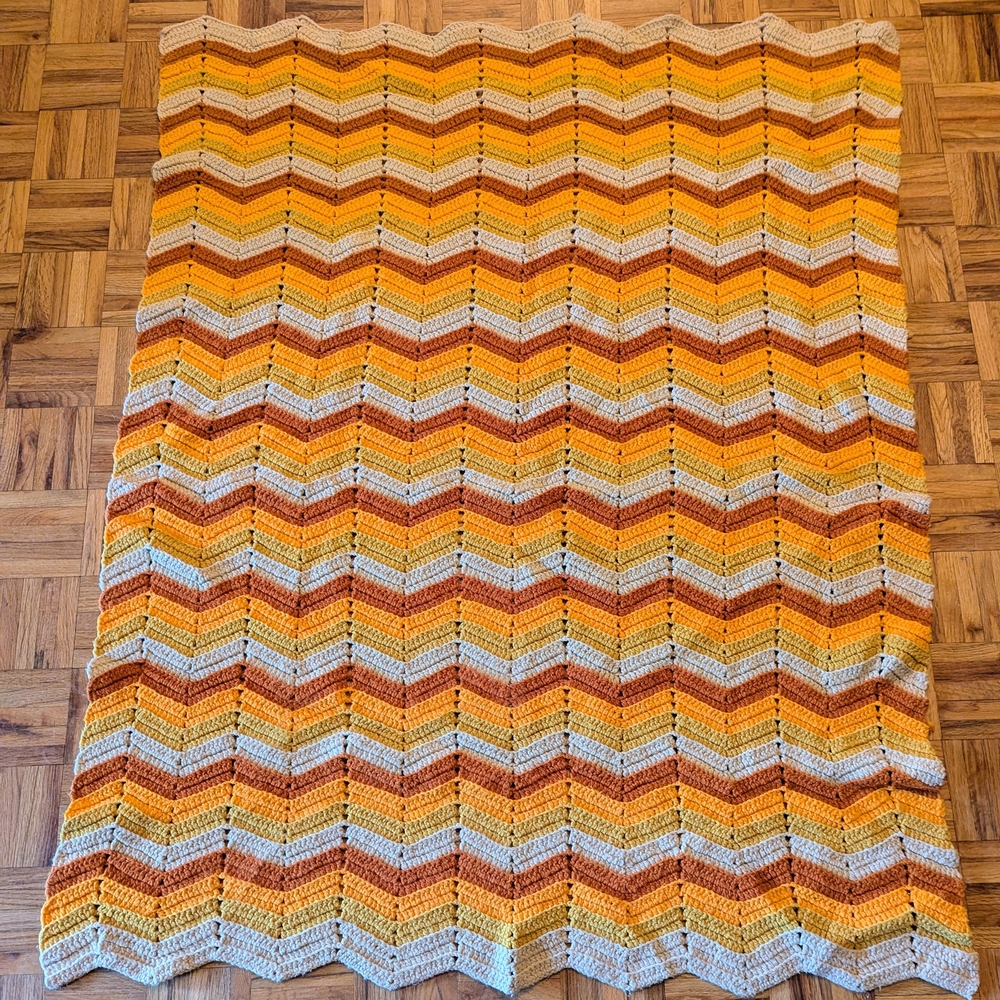 Vintage Retro 70's Crocheted Chevon Granny Throw Orange And Yellow